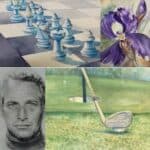 A collage of artwork made by Lynda Giles Wells. Some are water colours and one is charcoal. They include a chess set, an orchid, a man's face, and a golf club.