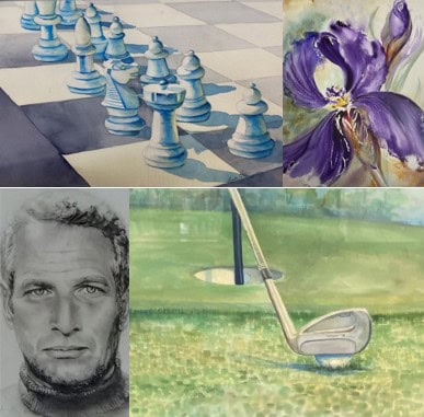 A collage of artwork made by Lynda Giles Wells. Some are water colours and one is charcoal. They include a chess set, an orchid, a man's face, and a golf club.