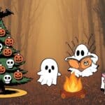 Three little ghosts reading stories in front of a campfire. Beside them is a Halloween Christmas tree. The background is a spooky forest.