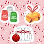 Cartoons of a cup stacking game, bowling pins, and jingle bells. The background has candy canes on it.