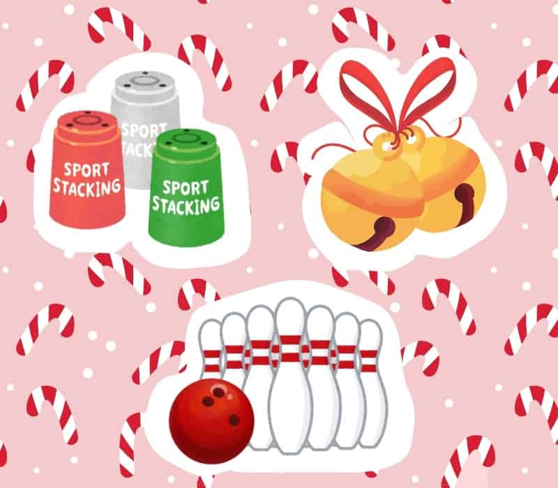 Cartoons of a cup stacking game, bowling pins, and jingle bells. The background has candy canes on it.