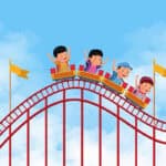 A cartoon of four children riding a rollercoaster. They are high up in the sky!