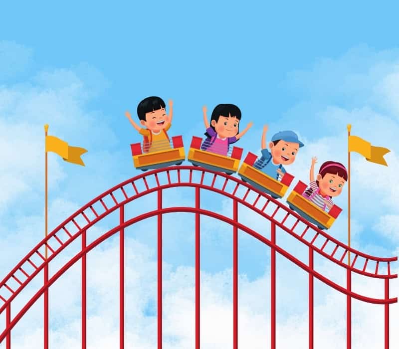 A cartoon of four children riding a rollercoaster. They are high up in the sky!