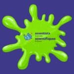 A big green sticky snot splatter. In the middle of it is the Scientists in School logo. The background is dark purple.