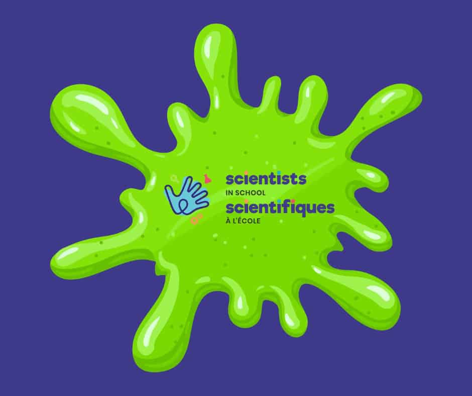 A big green sticky snot splatter. In the middle of it is the Scientists in School logo. The background is dark purple.
