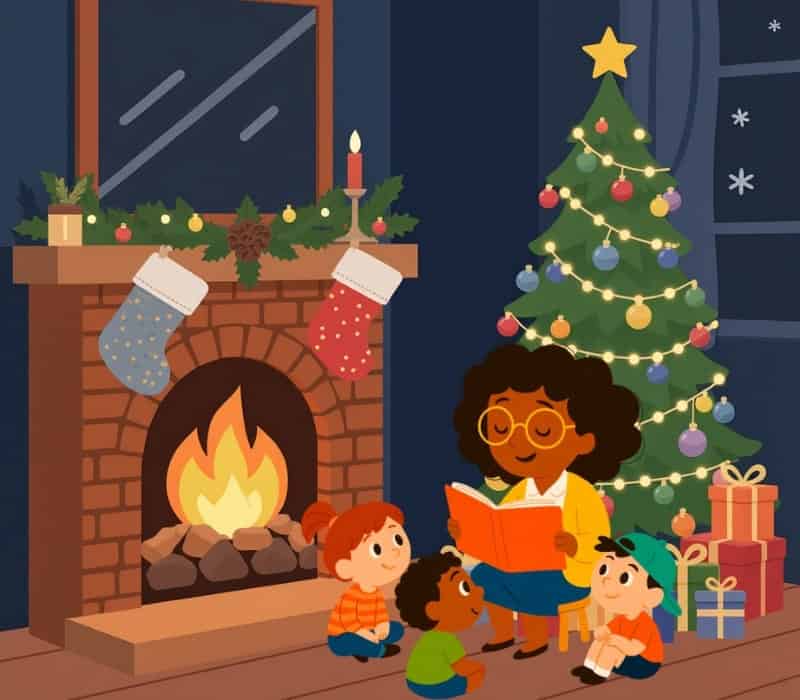 A cartoon of a woman with brown skin and dark curly hair reading to a group of three children. They all sit in front of a crackling fireplace with stockings hung and a Christmas tree behind them.