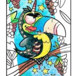 A cartoon colouring page of a toucan. Areas have been drawn over and coloured to make it look creepy,