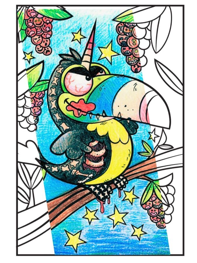 A cartoon colouring page of a toucan. Areas have been drawn over and coloured to make it look creepy,