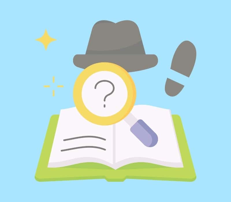 A green library book that has a magnifying glass held up to it and a question mark. Above it is a detective's hat and a shoe print. The background is blue.