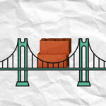 An illustration of a green bridge. It has two bricks on top of it and the background is crumpled paper.