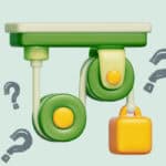 An illustration of a green pulley system. There are question marks around it.