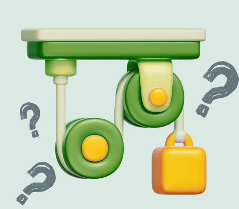 An illustration of a green pulley system. There are question marks around it.