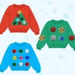 Three ugly christmas sweaters made from paper. They are decorated with pom poms, bows, and buttons.