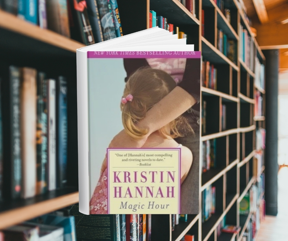 The cover features a small girl with pigtails hugging a woman's legs faced away from the camera. The woman leans down to hold her. Behind the cover are shelves of books.