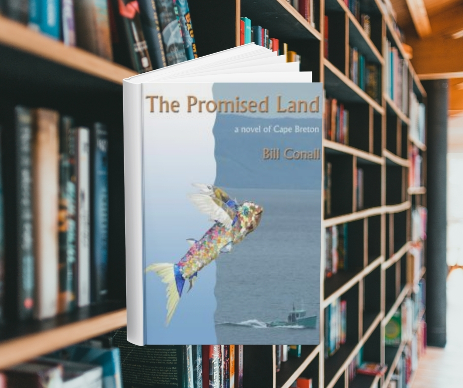 The cover features a fish with rainbow scales and wings flying through the air. Behind the cover are shelves of books.