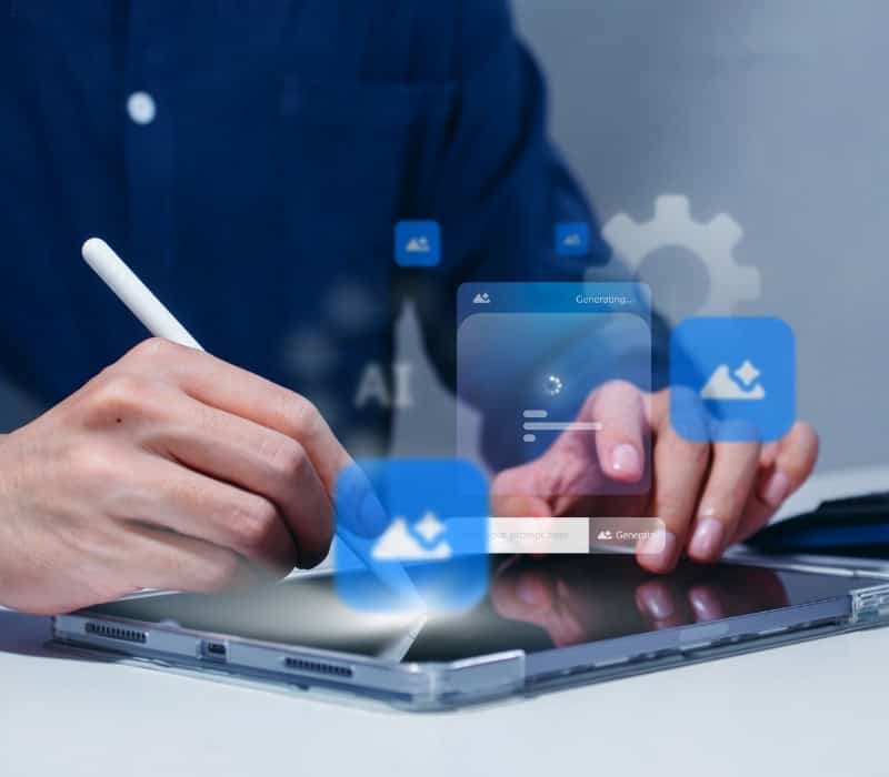 A man in a blue button up shirt using generative AI on a tablet.