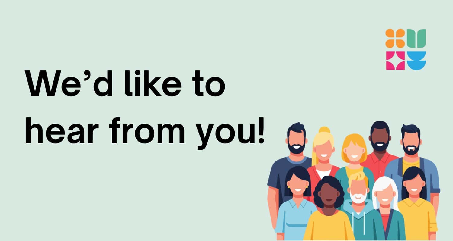 A group of diverse adults smiling and the library's logo. The text says, We'd like to hear from you!