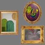 Three abstract paintings by Jacqueline Comeau. It is made up of shapes and swirled paint strokes. Each piece is in a gold frame.