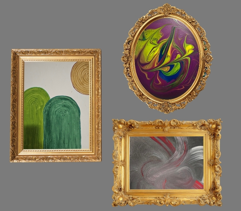 Three abstract paintings by Jacqueline Comeau. It is made up of shapes and swirled paint strokes. Each piece is in a gold frame.